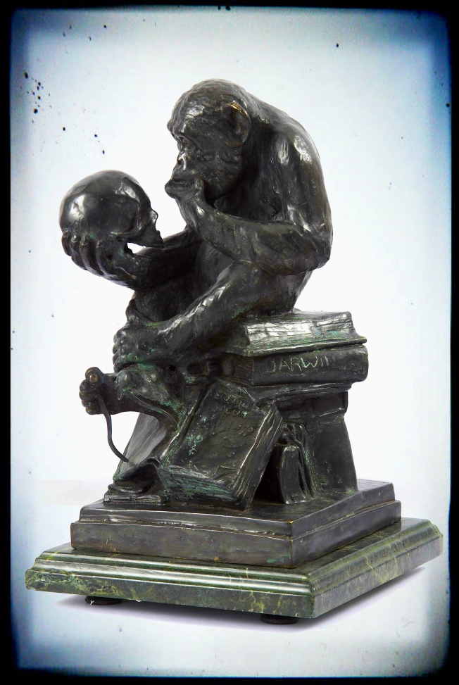 Sculpted by Hugo Rheinhold and first publicly exhibited in 1893 at the Great Berlin Art Exhibition, this sculpture both amuses and intrigues. As the monkey contemplates a human skull, he rests on a pile of books--one of which is by Darwin, the naturalist whose theory about evolution is legendary. 